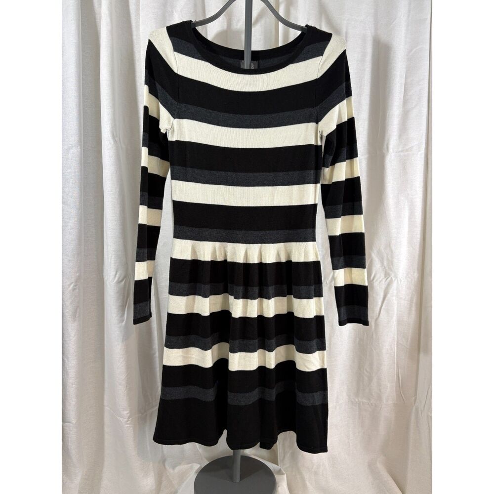 Vince Camuto Striped Knit Fit Flare Sweater Dress Women's Small Black Ivory Gray
